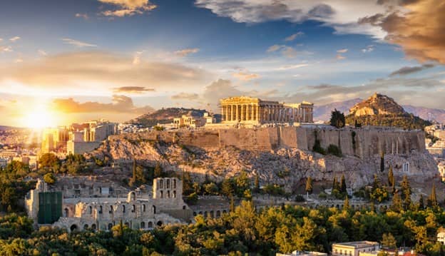 View of the Acropolis perched atop the city of Athens